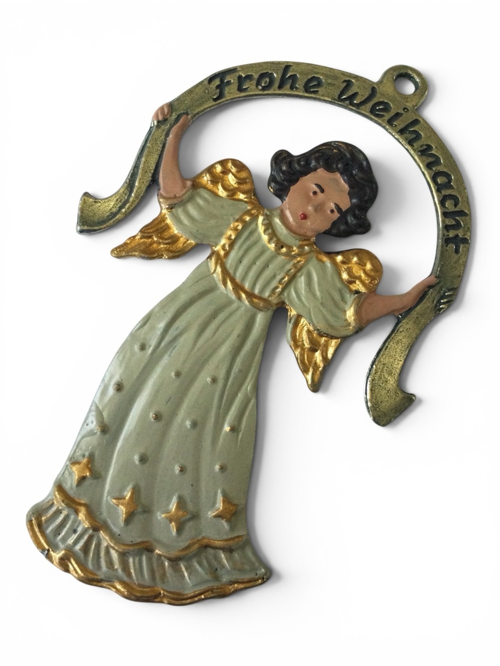 Vtg KUEHN ZINN German Hand-Painted Pewter Angel Ornament - "Frohe Weihnach" - Picture 4 of 9